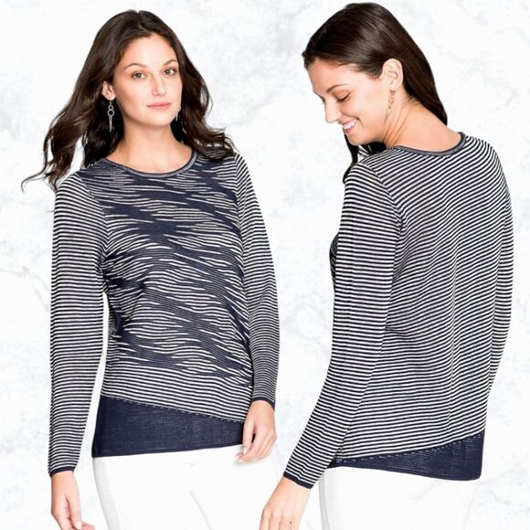 Nic+Zoe Asymmetrical Striped Textured Long Sleeve Stretch Navy & White Tunic Top - Picture 1 of 8